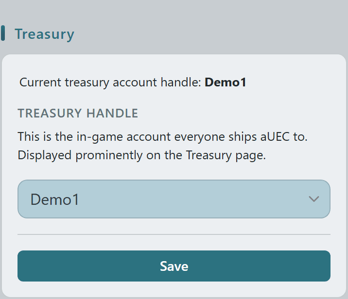 Org Admin Treasury section with handle selector card and current treasury handle label