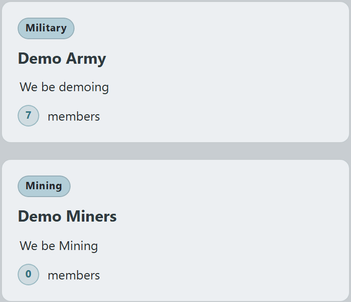 Branches list showing each branch as a card with its type and member count