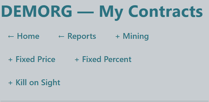 Org contracts header with create buttons for Mining, Fixed Price, Fixed Percent, and Kill on Sight