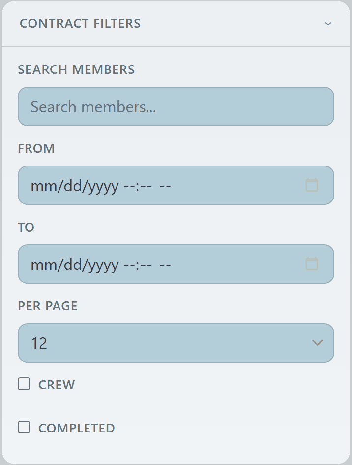 Org contract filter panel with member search, date range, and crew/completed toggles
