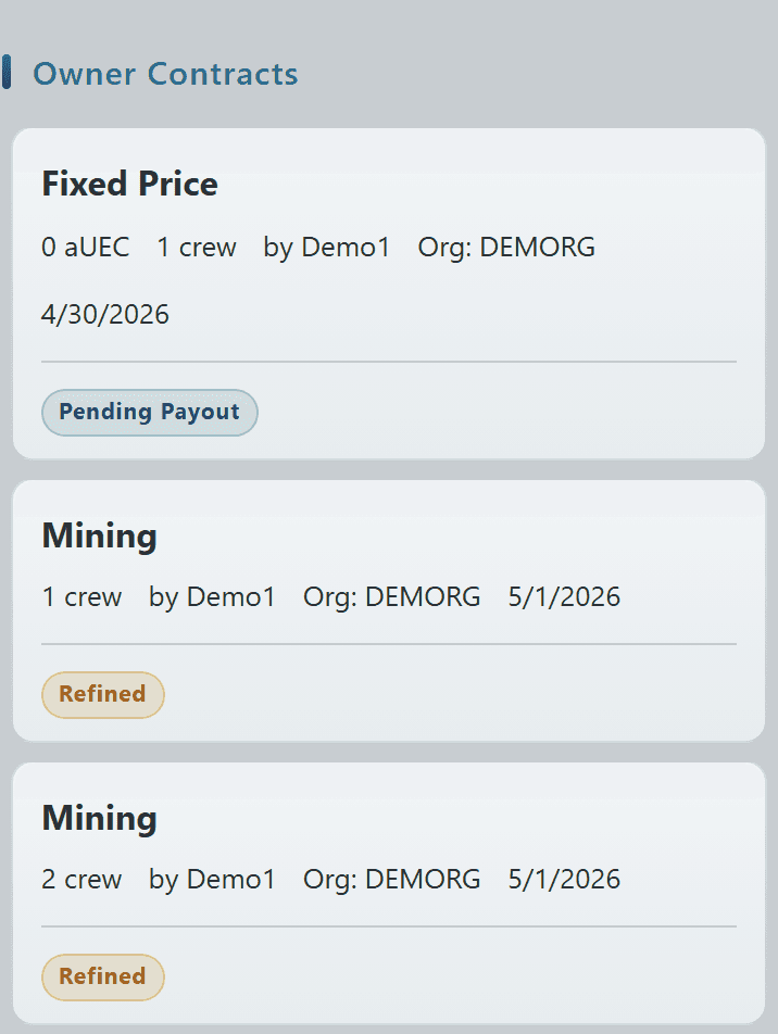 Owner Contracts section with Complete Batch toggle and contract cards showing Pending Payout and Refined statuses