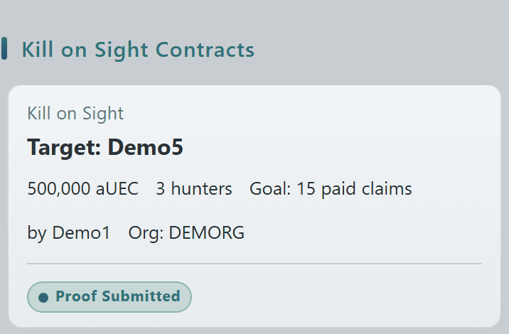 Kill on Sight contracts section with target, bounty amount, hunter count, and proof-submitted status