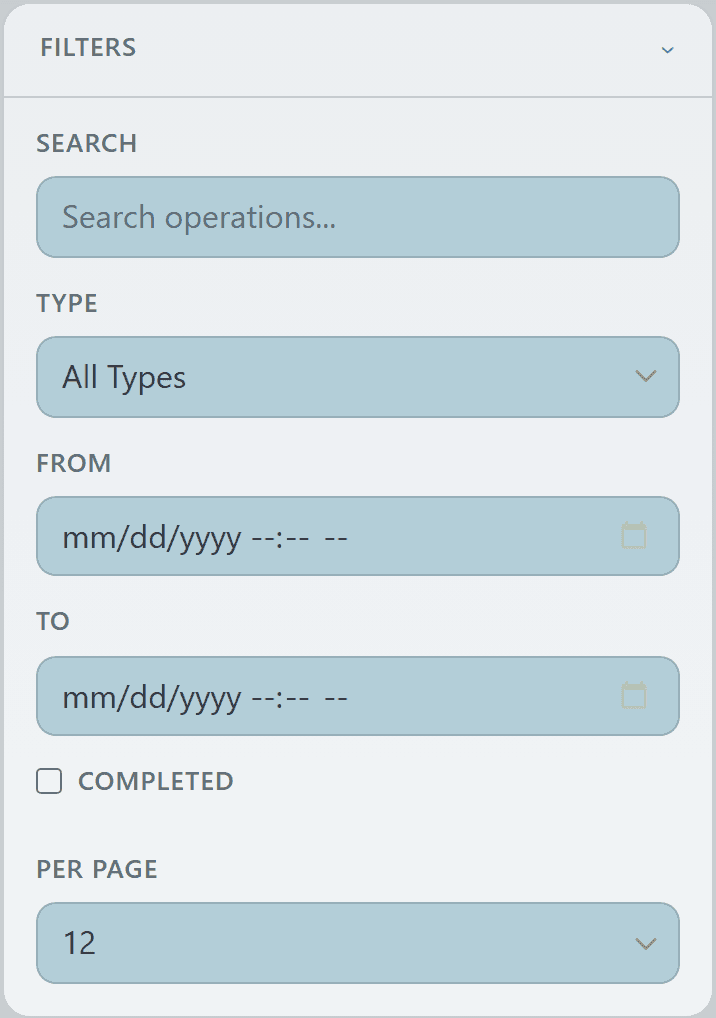 Org Operations filter panel expanded with search, type, date range, completion, and per-page controls