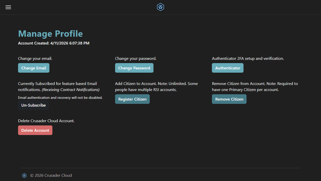 Profile page for managing your citizens and account preferences