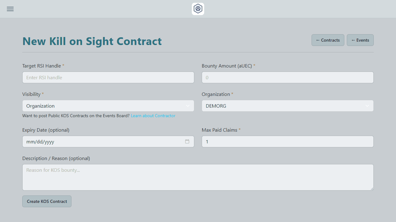 KOS contract card on the Events Board