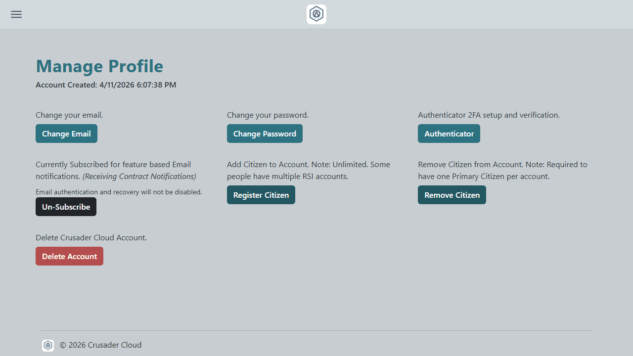 Profile page for managing your citizens and account preferences
