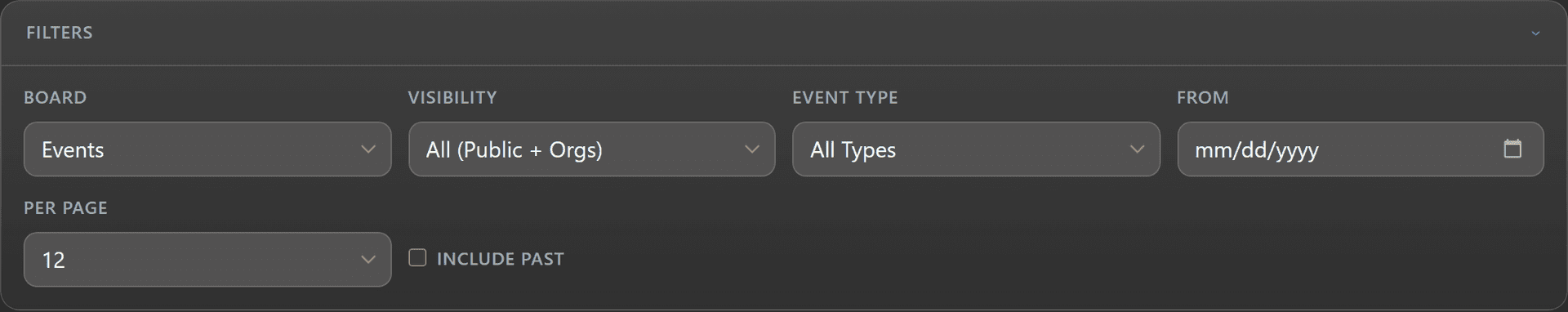 Events Board filter panel expanded with board type, visibility, event type, date, and per-page controls