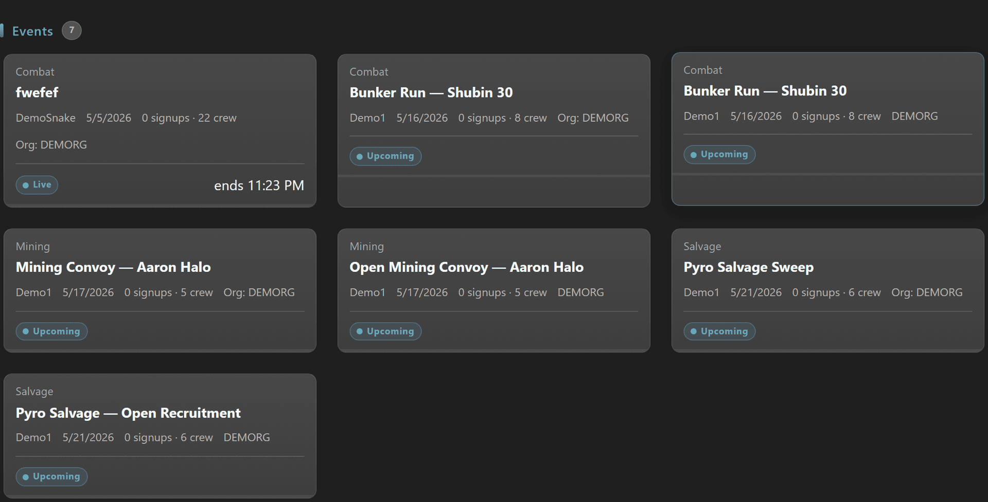 Events card grid on the Public Events Board with event type, owner, signups, and crew size