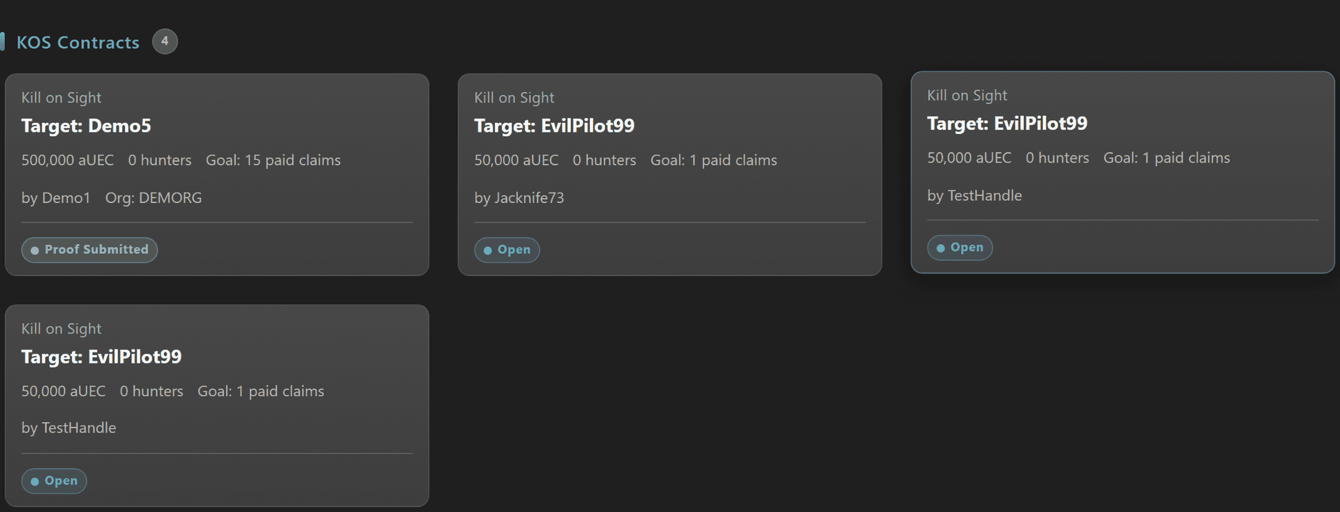 KOS Contracts card grid on the Public Events Board with target, bounty, hunters, and claim state