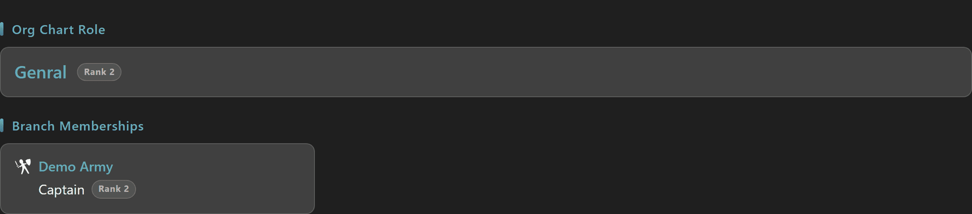 Member role assignments — org chart role plus branch membership tiles with rank