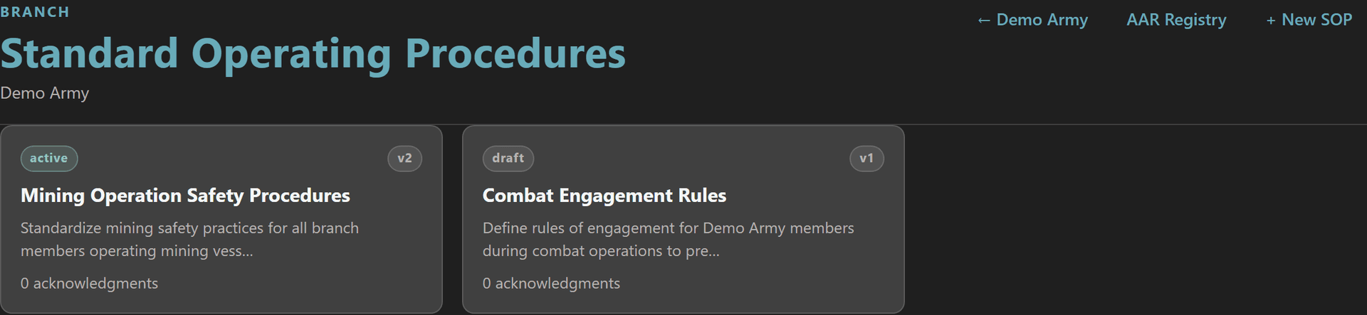 Branch SOP list showing Mining Operation Safety Procedures (active v2) and Combat Engagement Rules (draft v1) cards