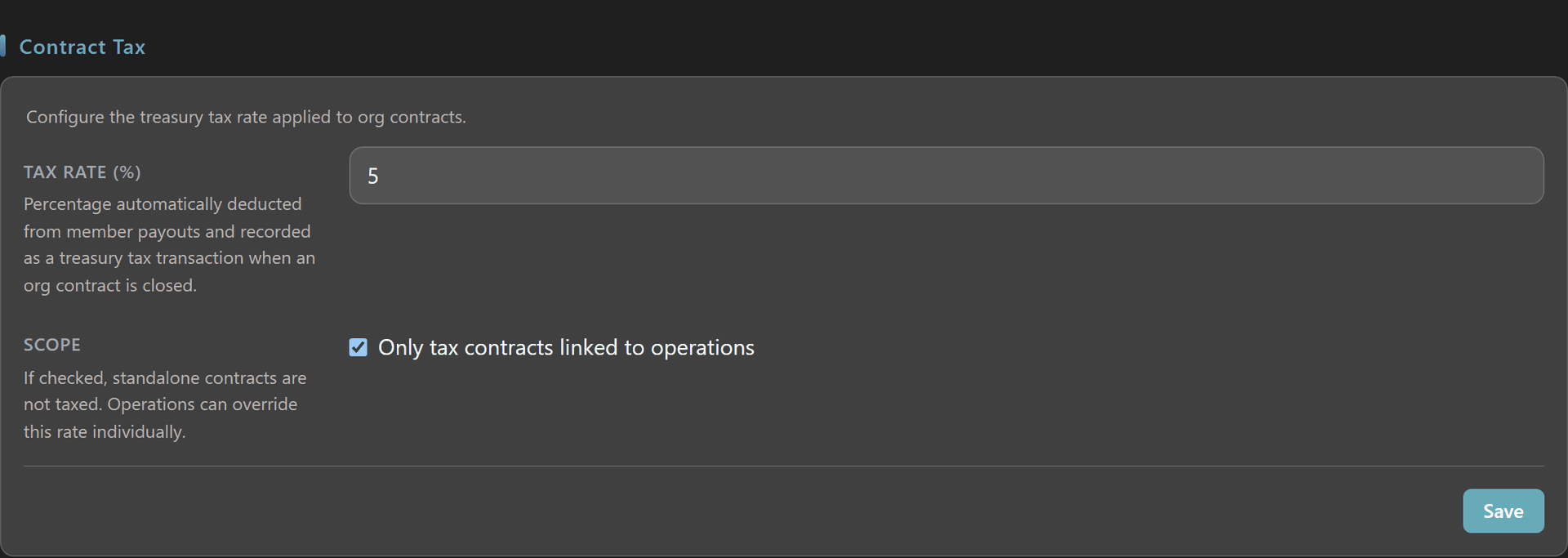Org Admin Contract Tax panel with Tax Rate field and Only-tax-contracts-linked-to-operations scope toggle