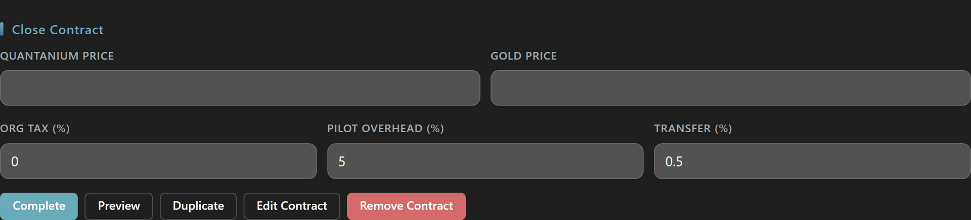 Close Contract form on an org mining contract with Org Tax %, Pilot Overhead %, and Transfer % fields plus Complete/Preview action row