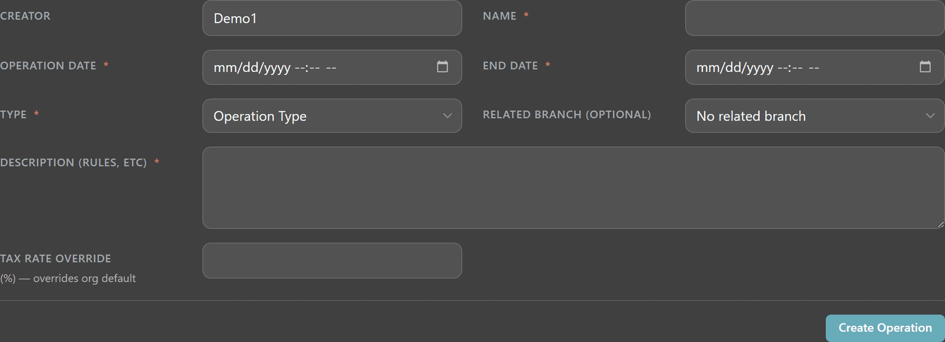New Operation form showing creator, name, dates, type, branch, description, and per-operation Tax Rate Override field