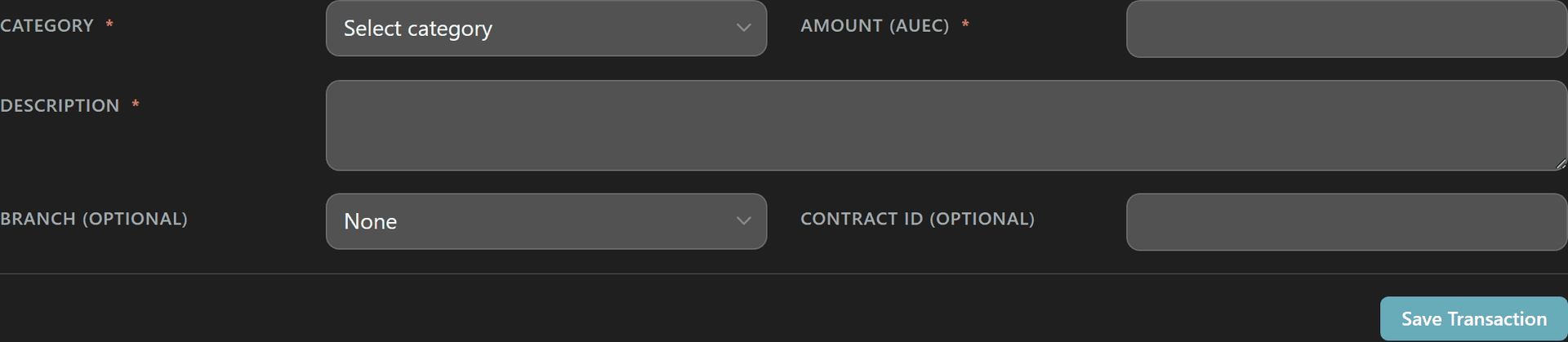 New transaction form with category, amount, branch, and description fields