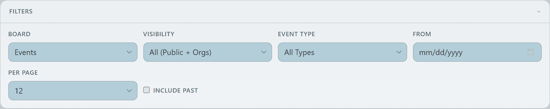 Events Board filter panel expanded with board type, visibility, event type, date, and per-page controls