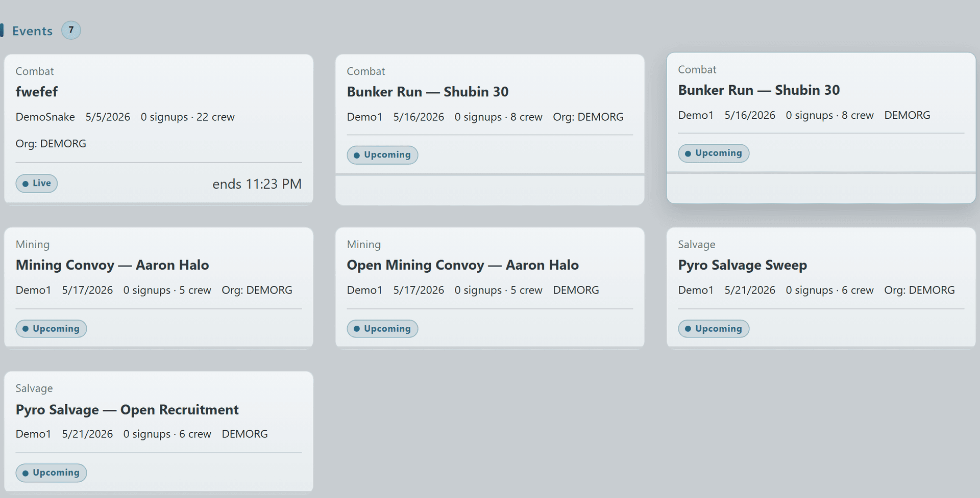 Events card grid on the Public Events Board with event type, owner, signups, and crew size