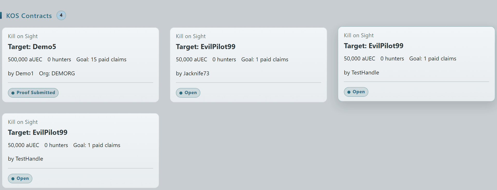 KOS Contracts card grid on the Public Events Board with target, bounty, hunters, and claim state