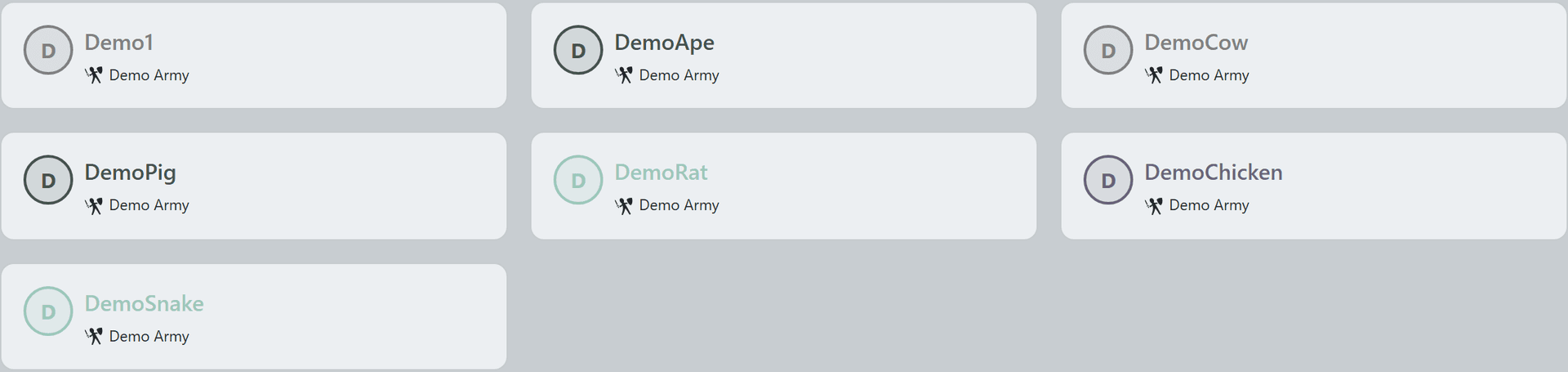 Org member roster grid with role-colored cards and branch badges