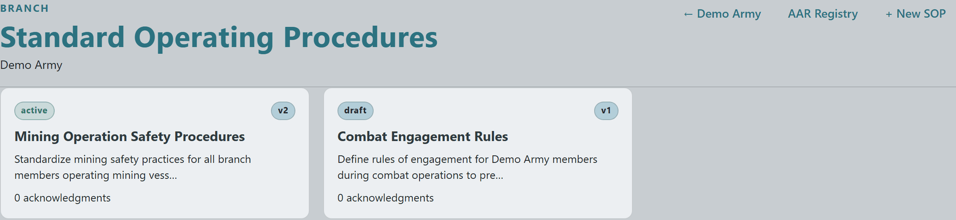 Branch SOP list showing Mining Operation Safety Procedures (active v2) and Combat Engagement Rules (draft v1) cards