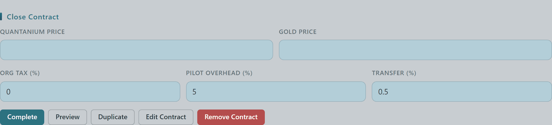 Close Contract form on an org mining contract with Org Tax %, Pilot Overhead %, and Transfer % fields plus Complete/Preview action row