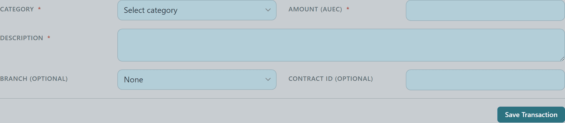 New transaction form with category, amount, branch, and description fields