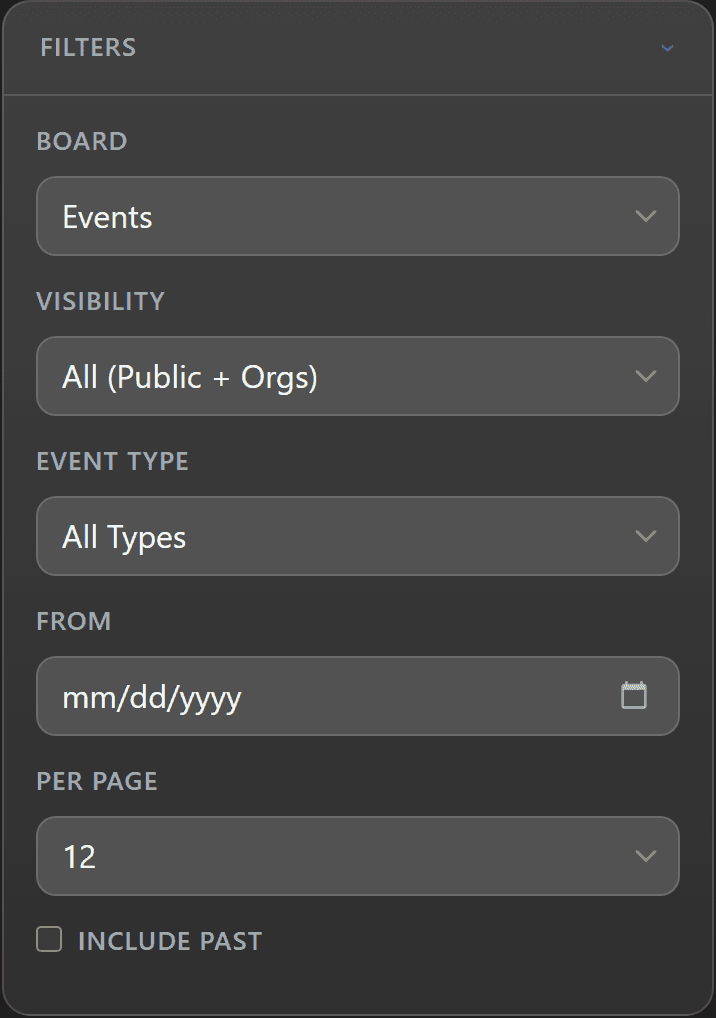 Events Board filter panel expanded with board type, visibility, event type, date, and per-page controls