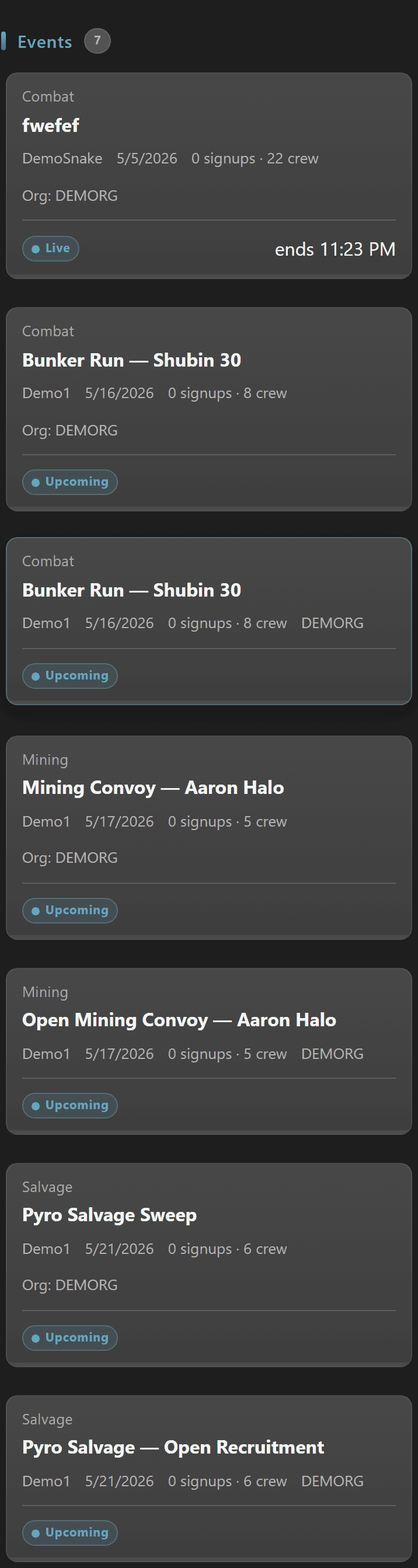 Events card grid on the Public Events Board with event type, owner, signups, and crew size
