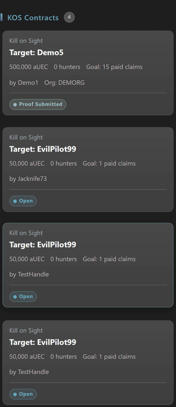 KOS Contracts card grid on the Public Events Board with target, bounty, hunters, and claim state