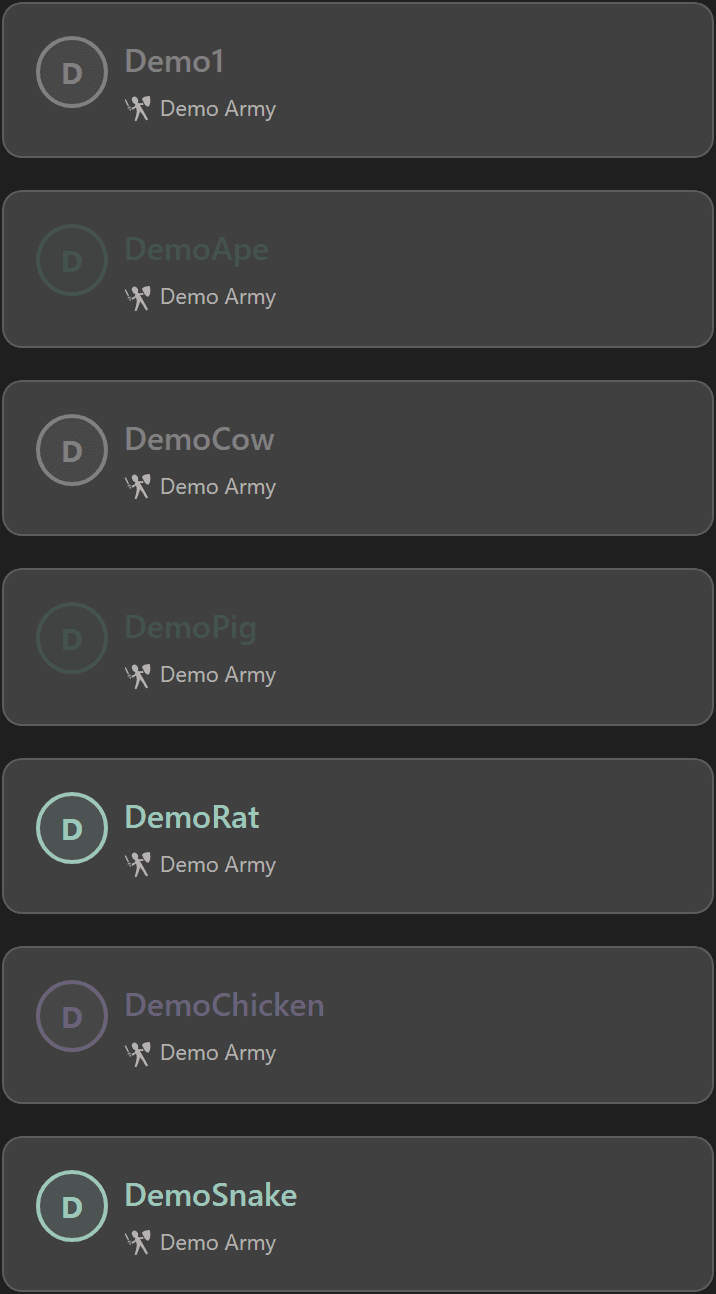 Org member roster grid with role-colored cards and branch badges