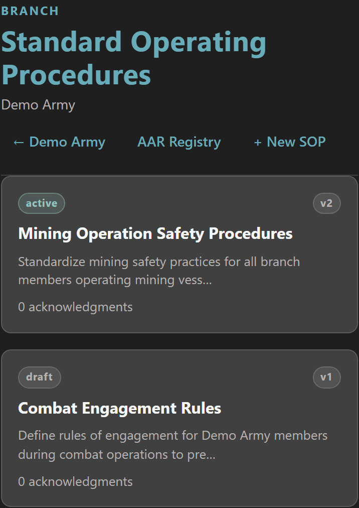 Branch SOP list showing Mining Operation Safety Procedures (active v2) and Combat Engagement Rules (draft v1) cards