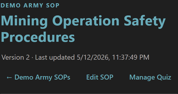 SOP detail page header showing Mining Operation Safety Procedures title, Version 2, last-updated stamp, and manager action buttons