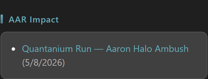SOP detail AAR Impact section listing the Quantanium Run — Aaron Halo Ambush AAR linked back to the procedure