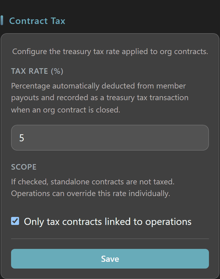 Org Admin Contract Tax panel with Tax Rate field and Only-tax-contracts-linked-to-operations scope toggle