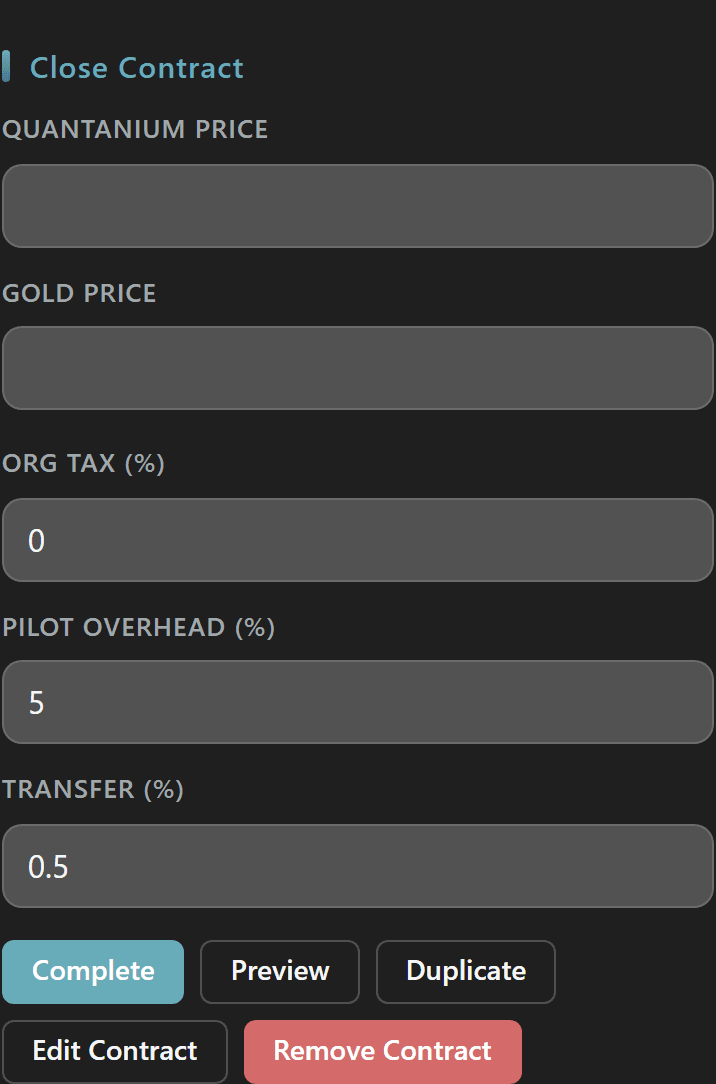 Close Contract form on an org mining contract with Org Tax %, Pilot Overhead %, and Transfer % fields plus Complete/Preview action row