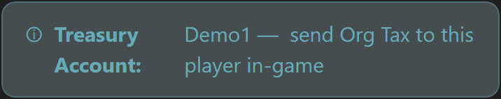 Treasury Account banner naming the in-game wallet holder