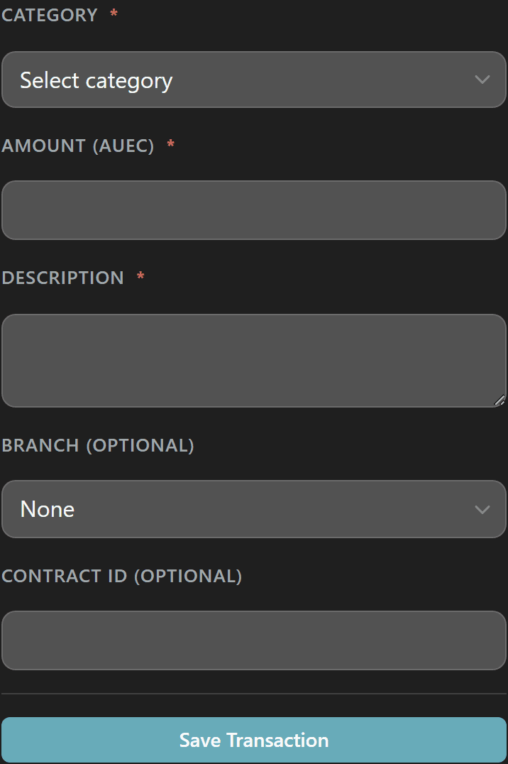 New transaction form with category, amount, branch, and description fields