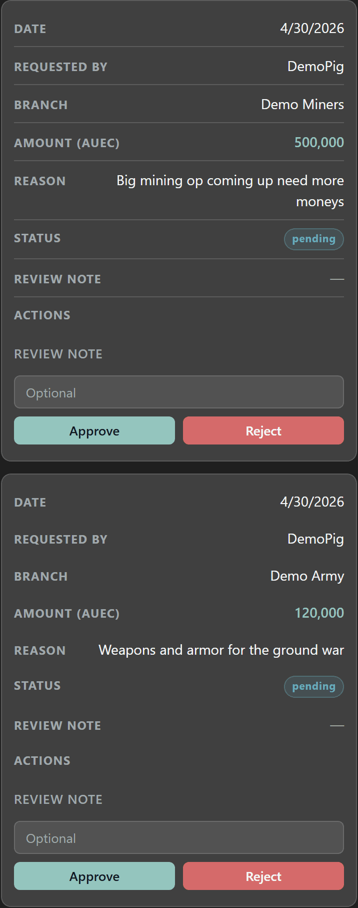 Pending loan request queue with approve and deny actions