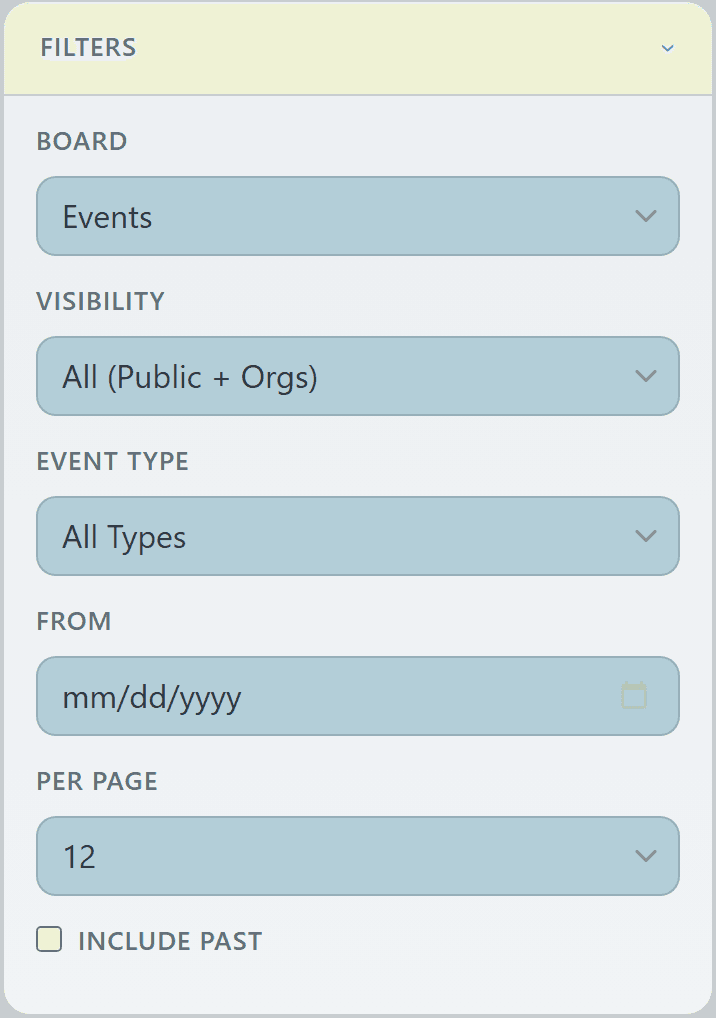 Events Board filter panel expanded with board type, visibility, event type, date, and per-page controls