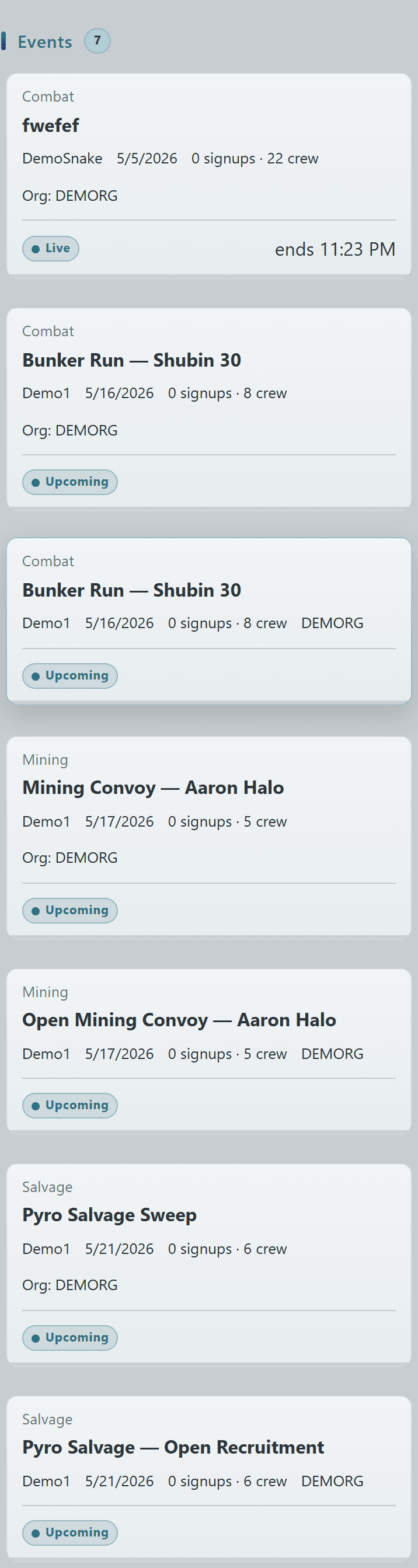 Events card grid on the Public Events Board with event type, owner, signups, and crew size