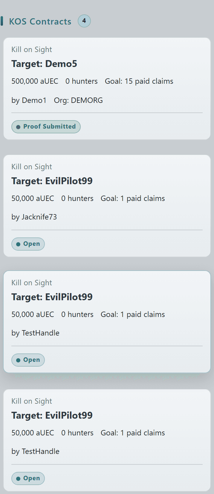 KOS Contracts card grid on the Public Events Board with target, bounty, hunters, and claim state
