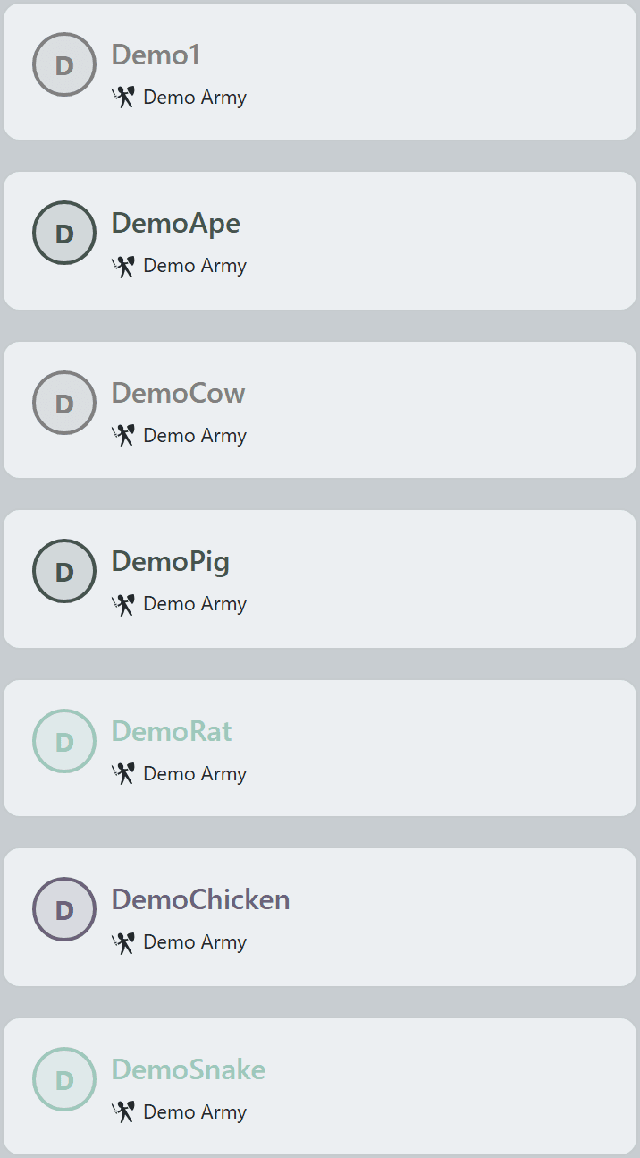 Org member roster grid with role-colored cards and branch badges