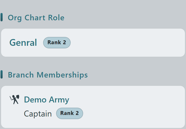 Member role assignments — org chart role plus branch membership tiles with rank