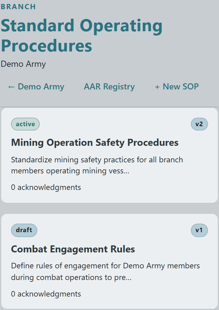 Branch SOP list showing Mining Operation Safety Procedures (active v2) and Combat Engagement Rules (draft v1) cards