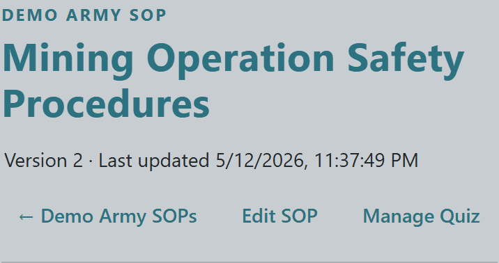 SOP detail page header showing Mining Operation Safety Procedures title, Version 2, last-updated stamp, and manager action buttons