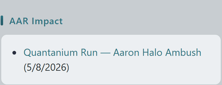 SOP detail AAR Impact section listing the Quantanium Run — Aaron Halo Ambush AAR linked back to the procedure