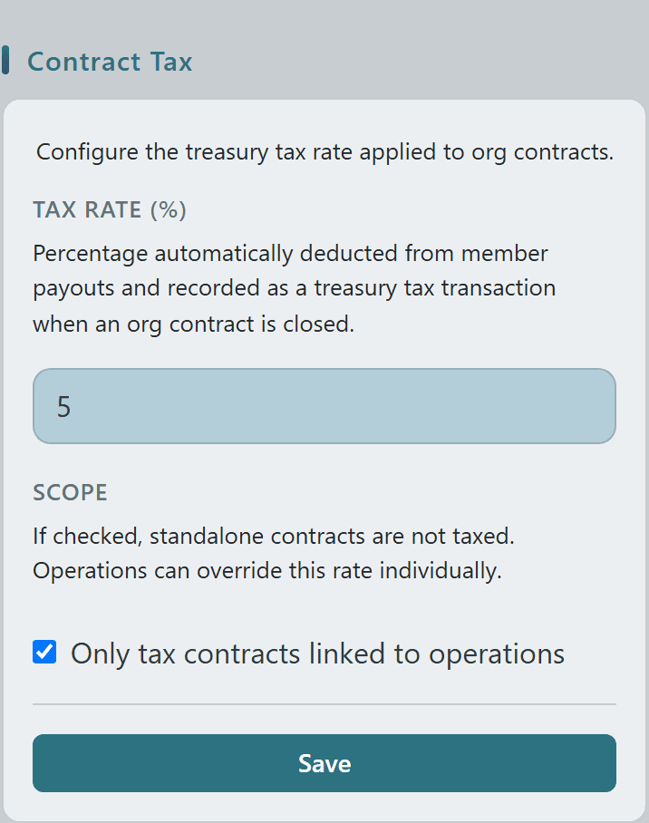 Org Admin Contract Tax panel with Tax Rate field and Only-tax-contracts-linked-to-operations scope toggle