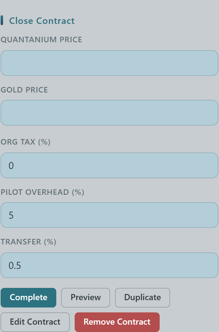 Close Contract form on an org mining contract with Org Tax %, Pilot Overhead %, and Transfer % fields plus Complete/Preview action row