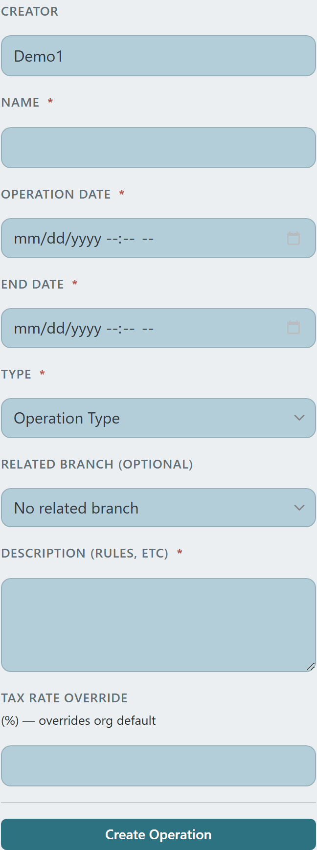 New Operation form showing creator, name, dates, type, branch, description, and per-operation Tax Rate Override field