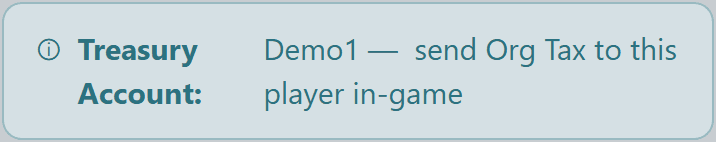 Treasury Account banner naming the in-game wallet holder